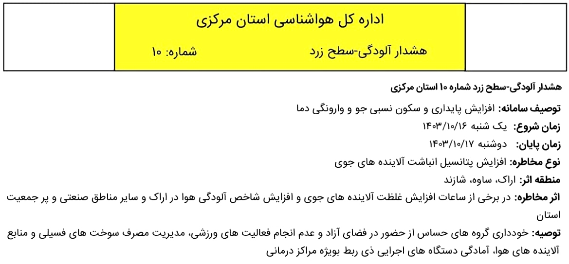 دو رقمی شدن هشدارهای آلودگی هوا