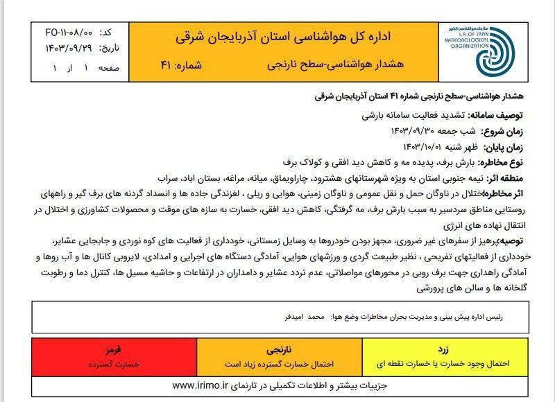 تشدید سامانه بارشی از فردا در آذربایجان شرقی